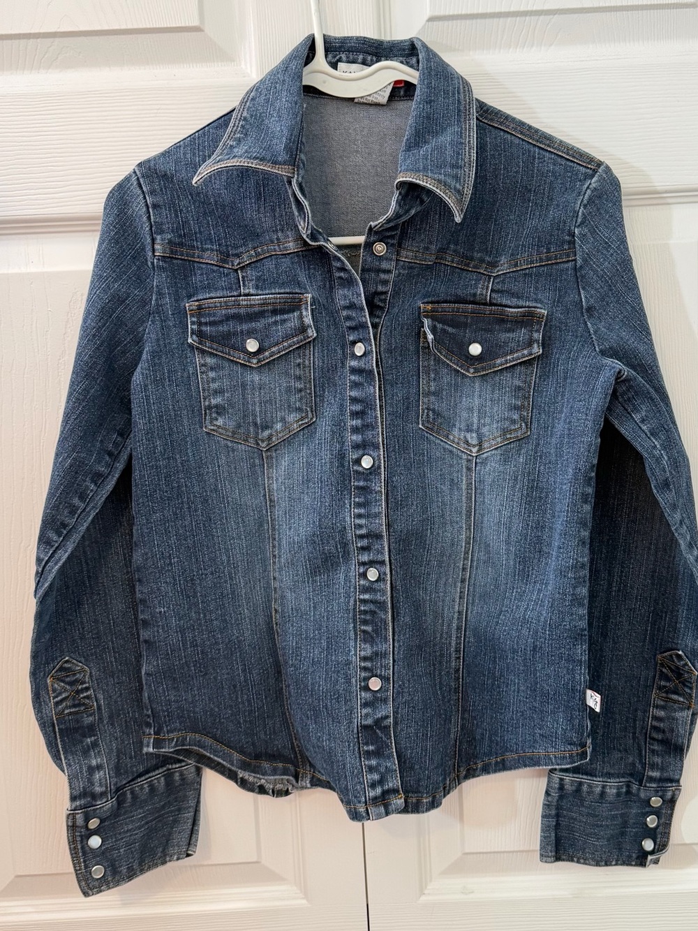 Kali Girl Y2K Western Denim Shirt Jacket Womens Small Stretchy Pearl Snap